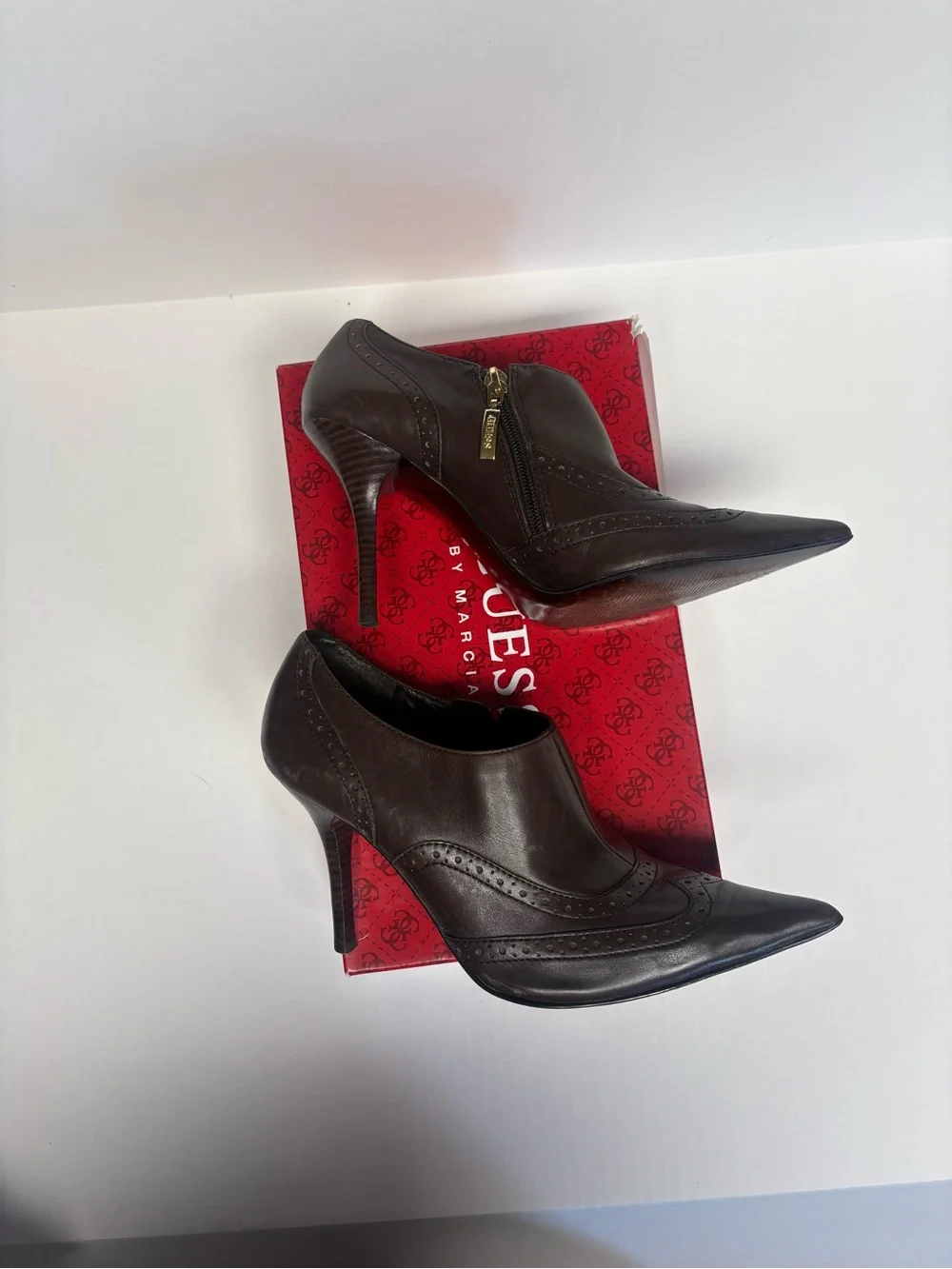 GUESS Dark Brown Leather Pointed Toe High Heel Booties
